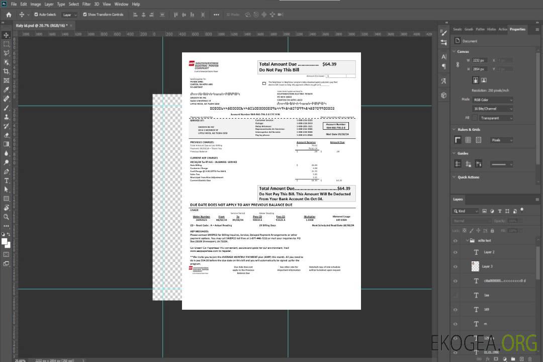 Modèle de facture de services publics d'électricité des États-Unis Louisiane AEP (Southwestern Electric Power Company) aux formats Word et PDF template